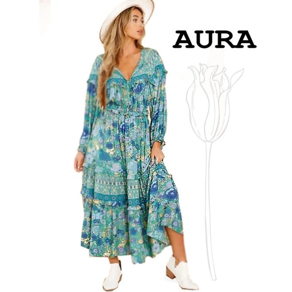 Aura Check Yes Turquoise Multi Print Maxi Dress - Picture 1 of 15
